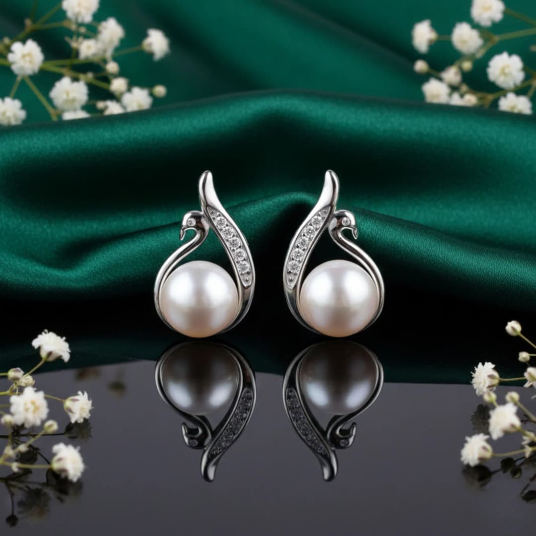 Celestial Curve Pearl Silver Studs