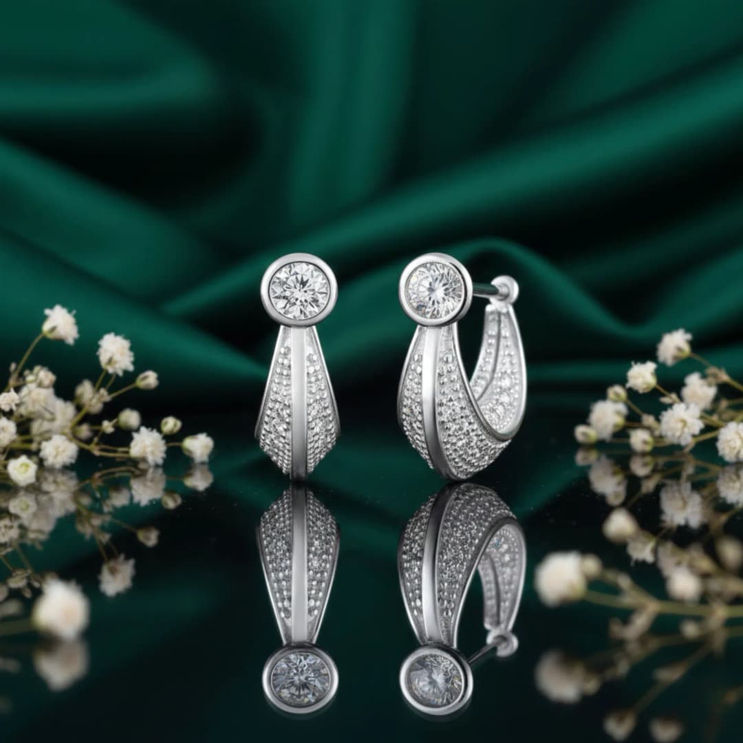 White Stone Studded Silver Bali Earrings
