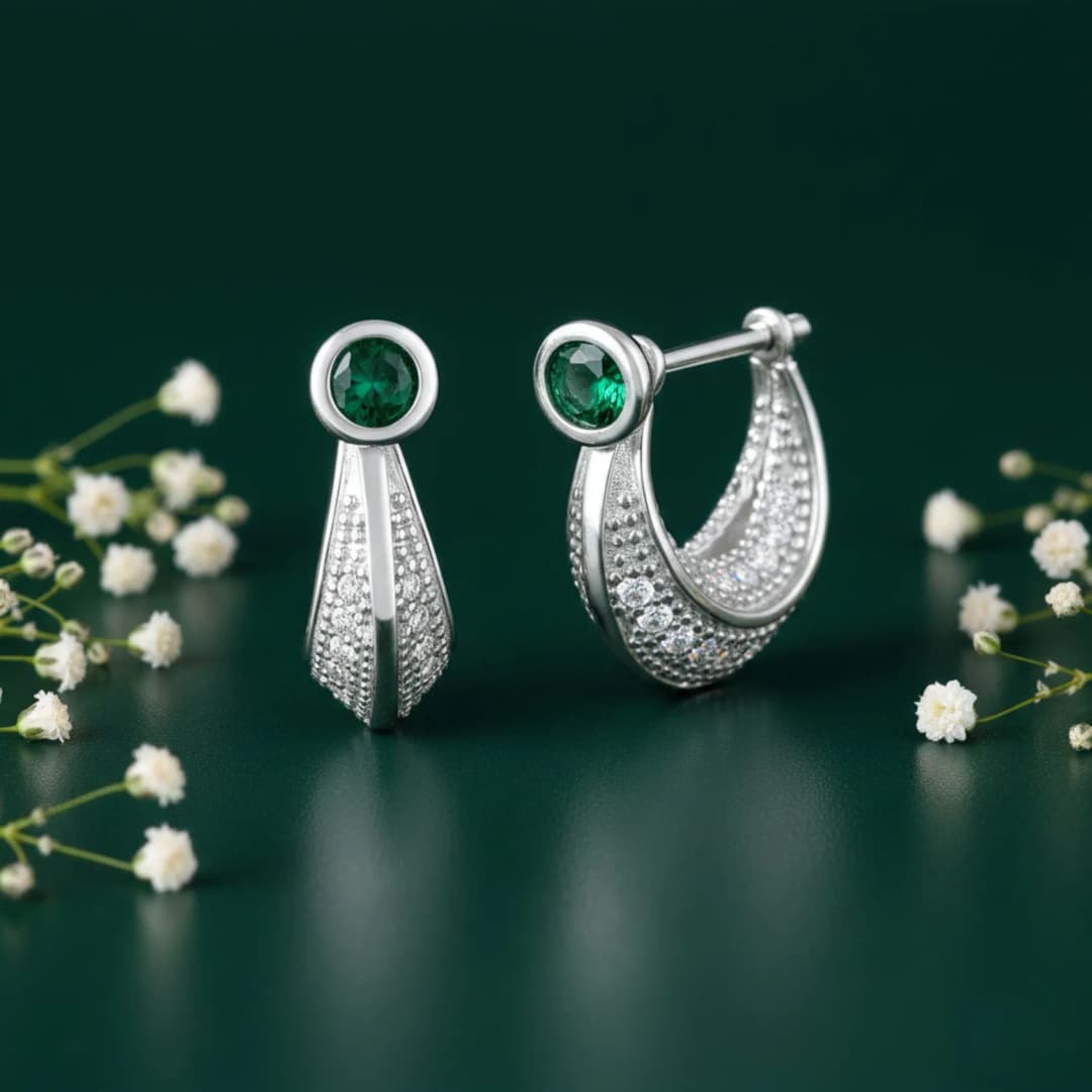 Green CZ Silver Bali Earrings for Women