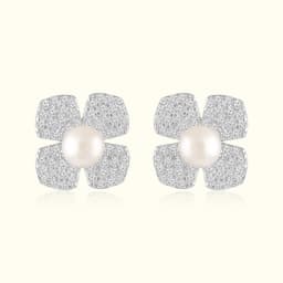 Luna Circle Pearl & CZ Silver Studs