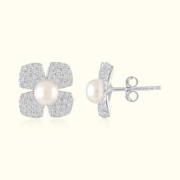 Luna Circle Pearl & CZ Silver Studs