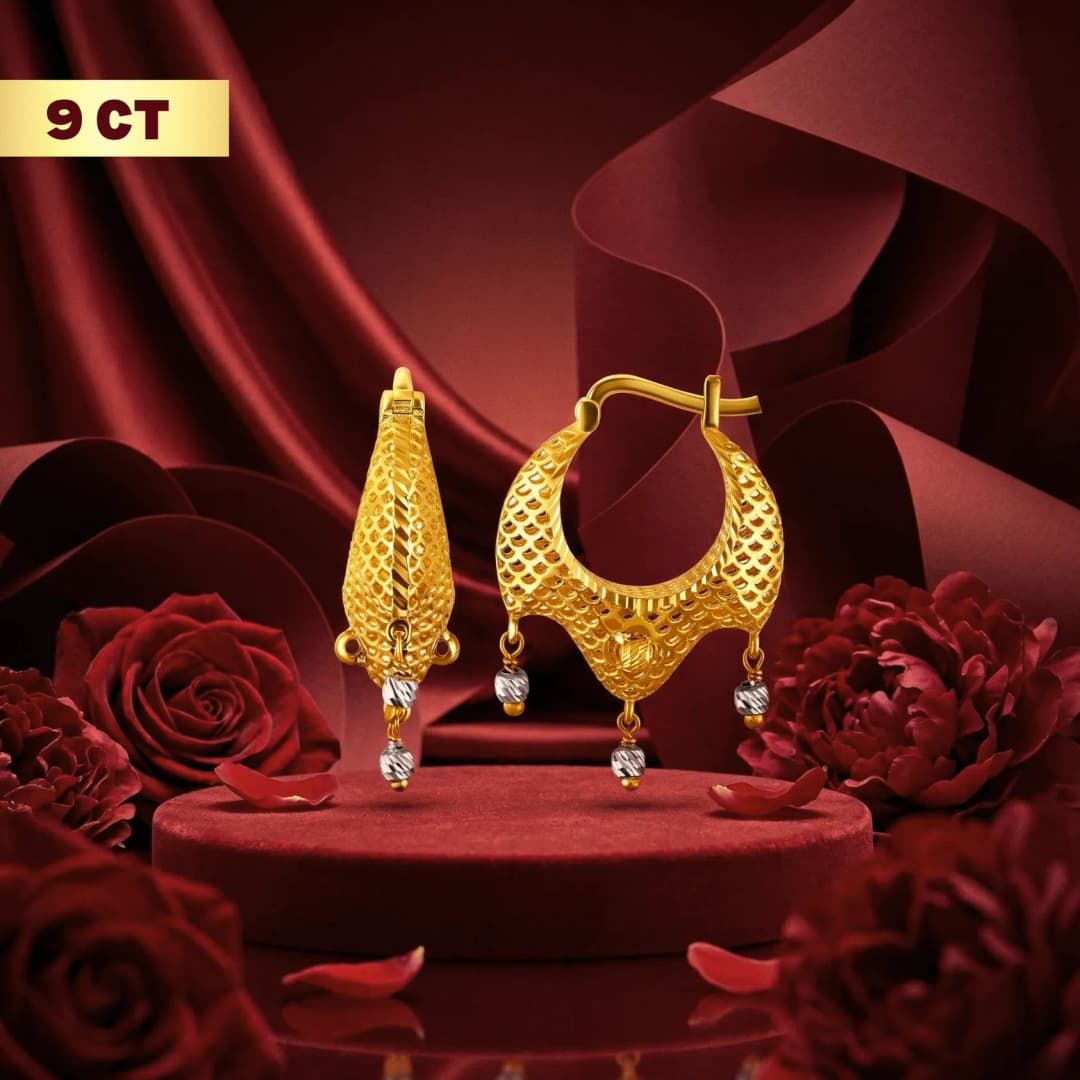 9CT Gold Ornate Dangle Bali Earrings