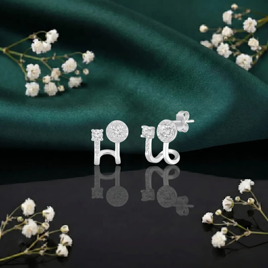 Silver Solitaire Floral Ear Climbers
