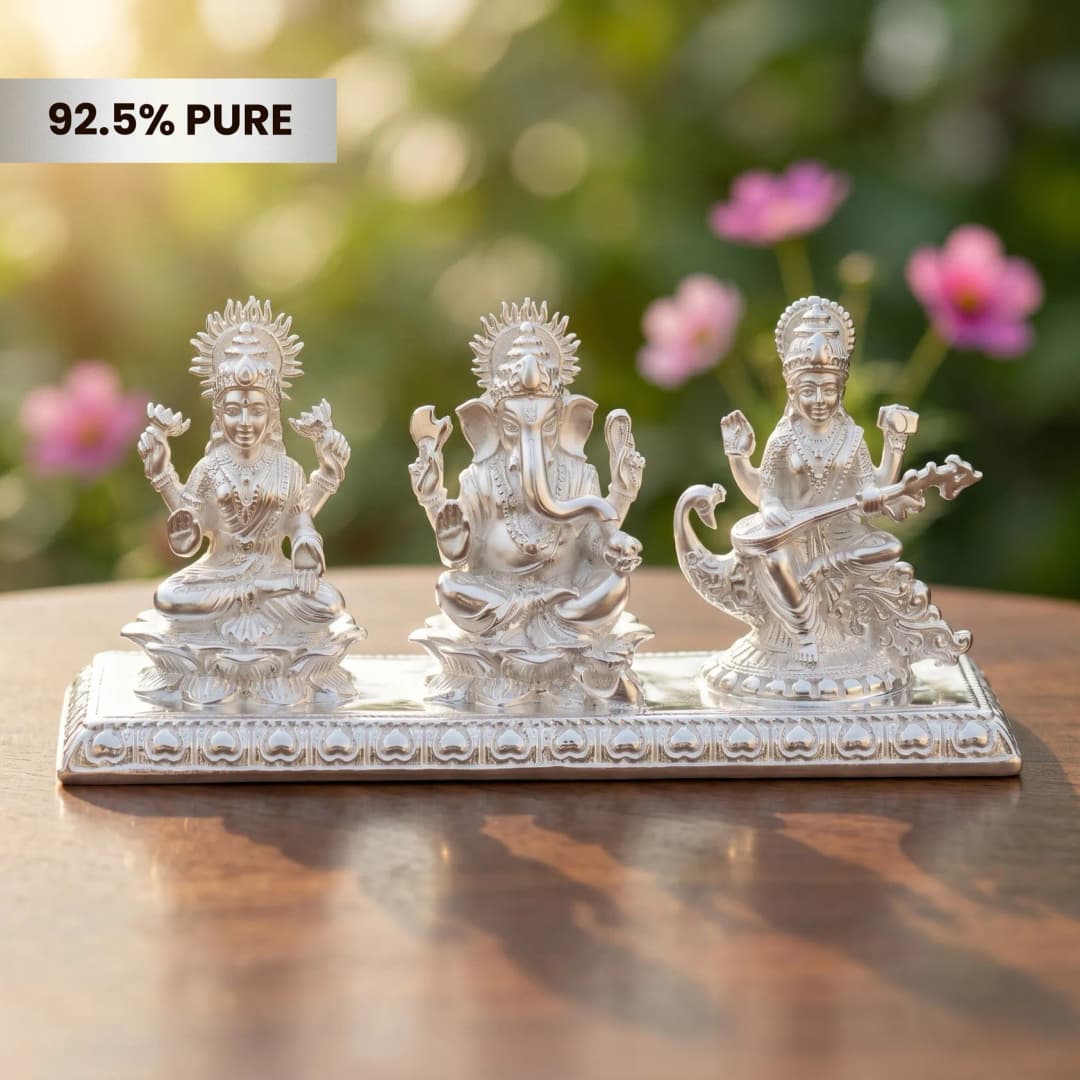 Silver Ganesh Laxmi Saraswati Divine Murti