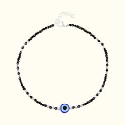 Minimal Black Beads Evil Eye Silver Anklet