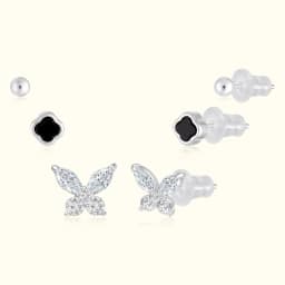 Silver Earrings Set with Crystal Butterfly and Enamel
