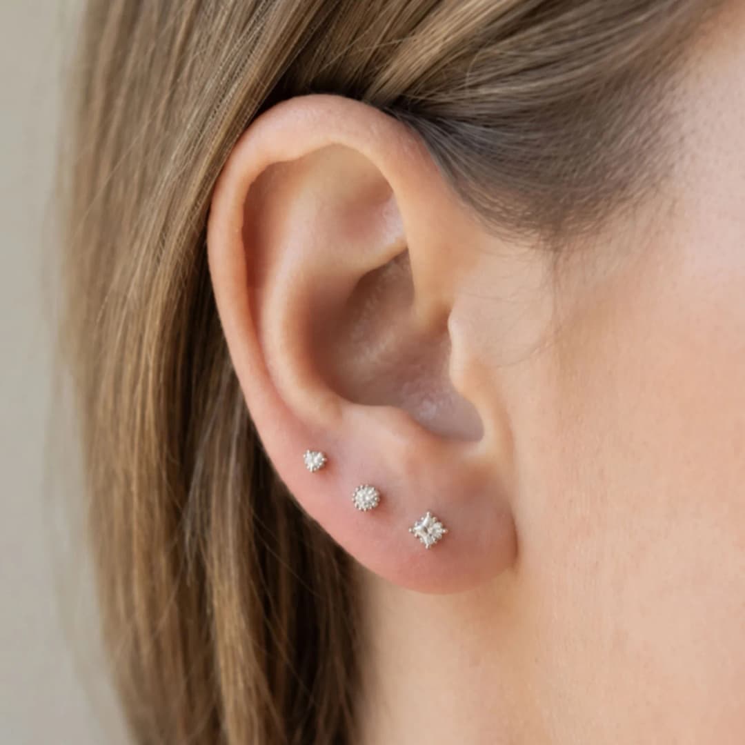 Sterling Silver Earrings Set with Beaded Halo