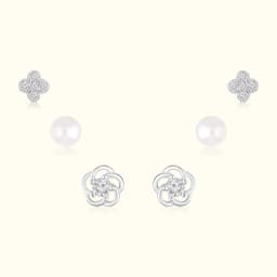 Pearl and Flower Silver Earring Set