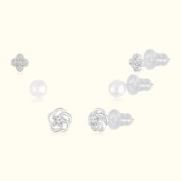 Pearl and Flower Silver Earring Set