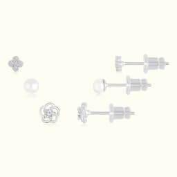 Pearl and Flower Silver Earring Set