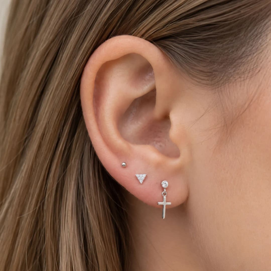 Silver Earring Set with Cross Drop and Pave