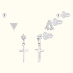 Silver Earring Set with Cross Drop and Pave