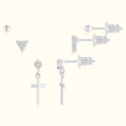 Silver Earring Set with Cross Drop and Pave