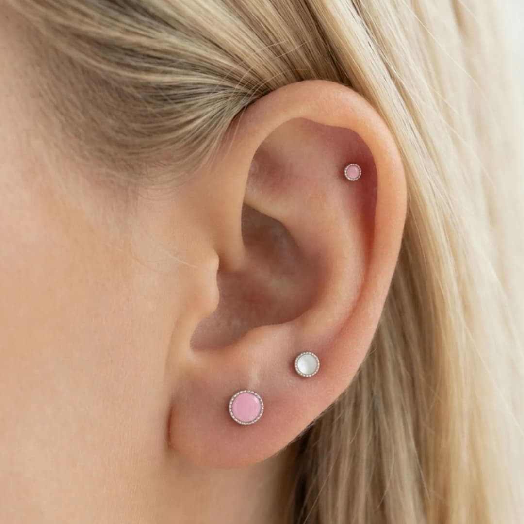 Sterling Silver Earring Set Pink Enamel