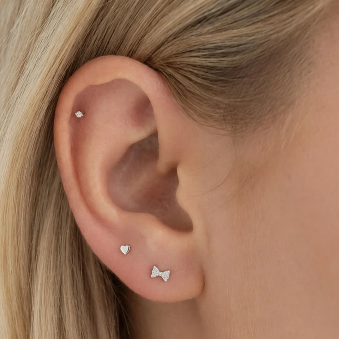 Heart and Bow Sterling Silver Earring Set