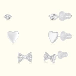 Heart and Bow Sterling Silver Earring Set