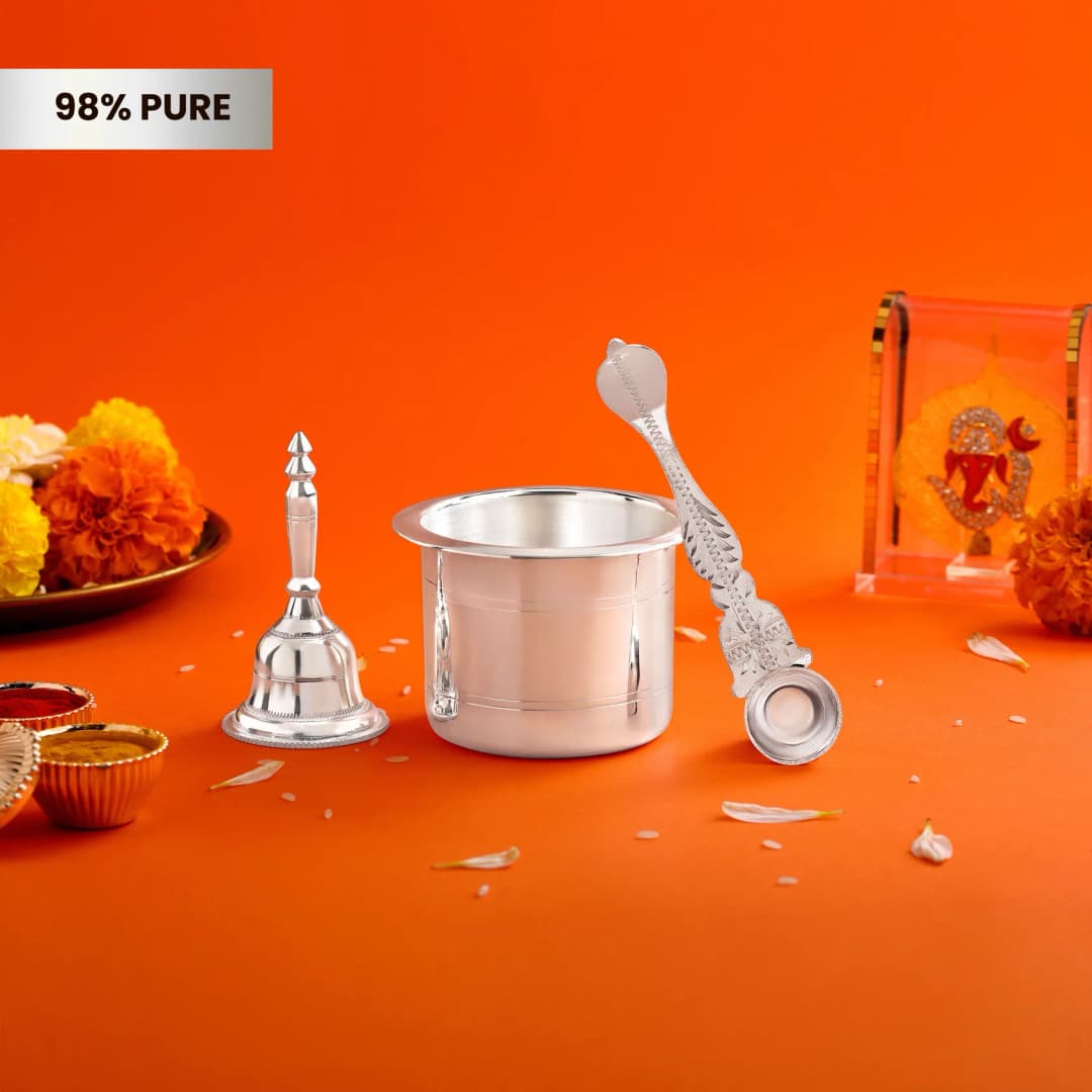 Pure Silver Ghanti Pali Panchpatra Pooja Set