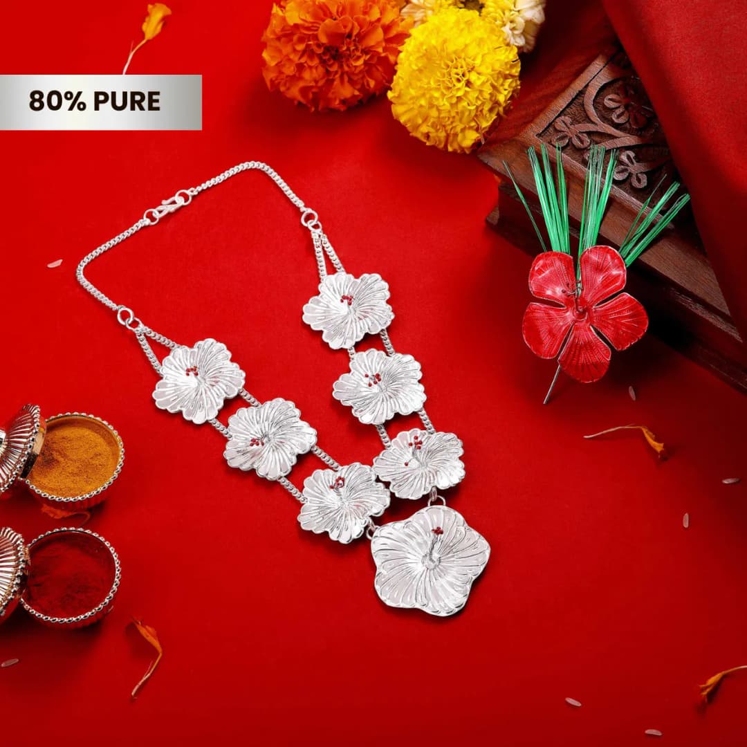 Silver Red Jaswand Flower and Ganesh Utsav Jaswand Haar Set