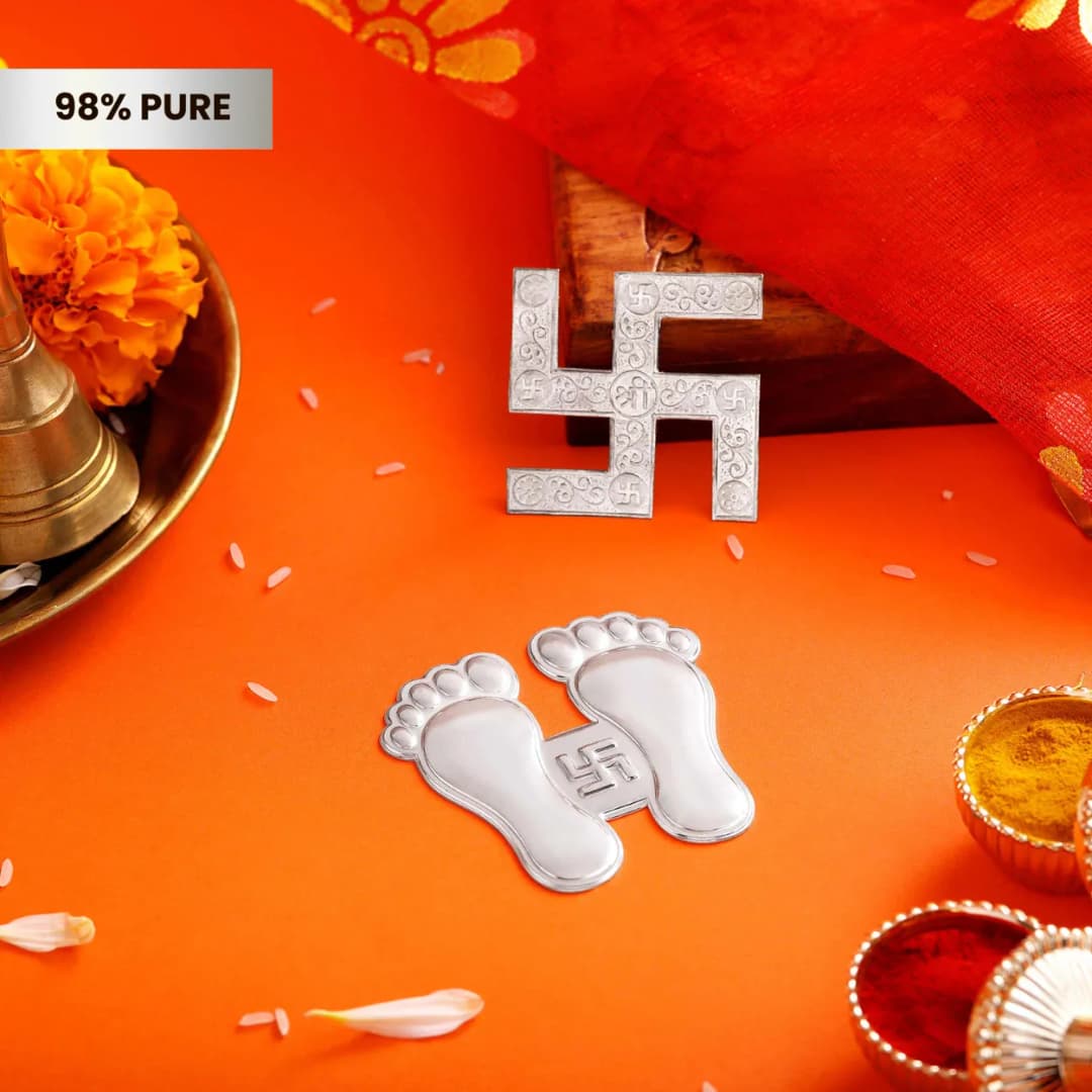 Pure Silver Swastik and Silver Paduka Set
