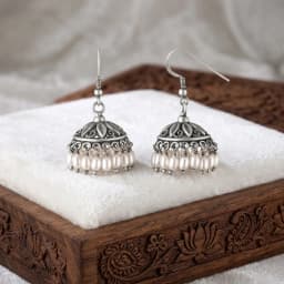 Silver Floral Dome Moti Jhumka