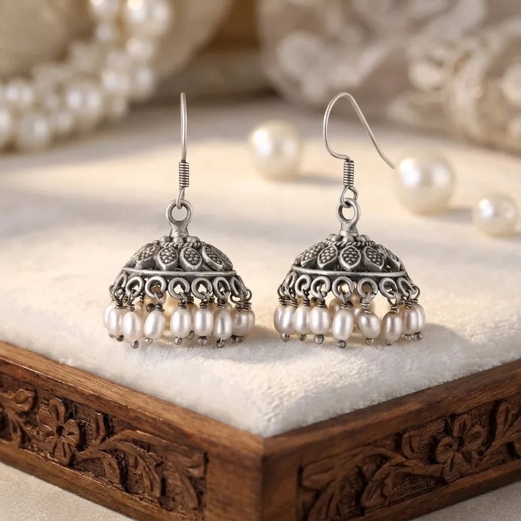 Classic Silver Moti Cluster Jhumka