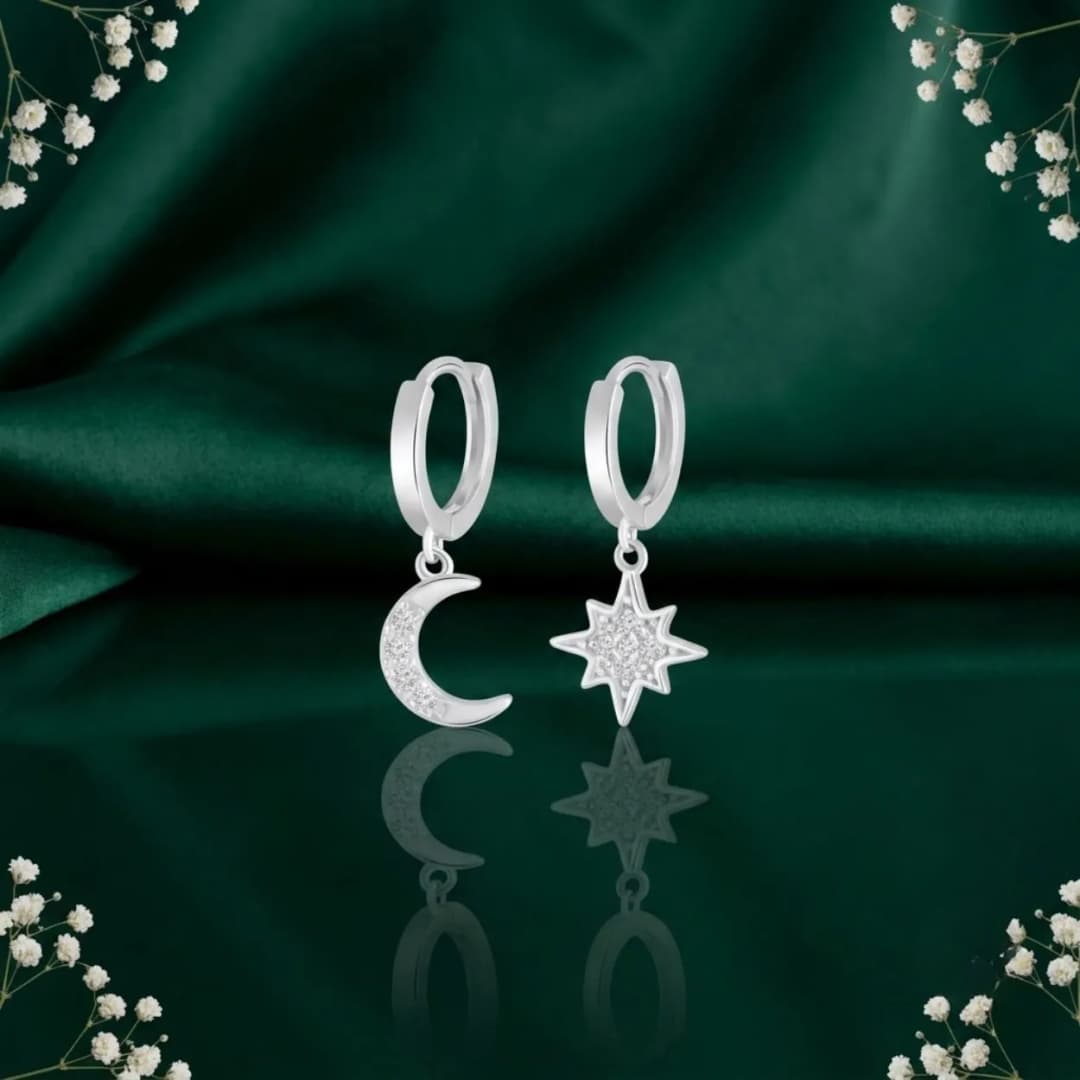 Silver Moon Star Dangle Earrings