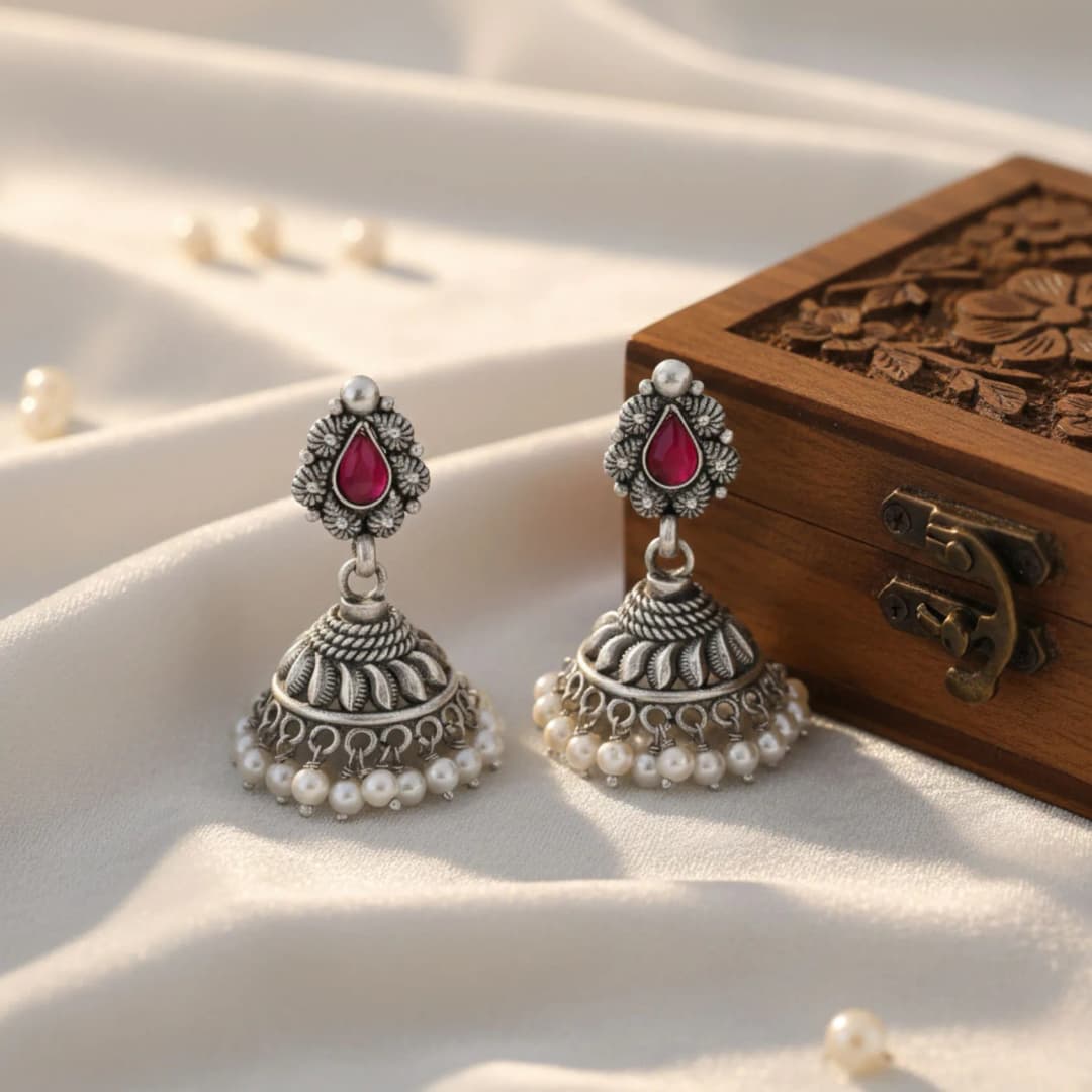 Ruvira Oxidised Silver Jhumka