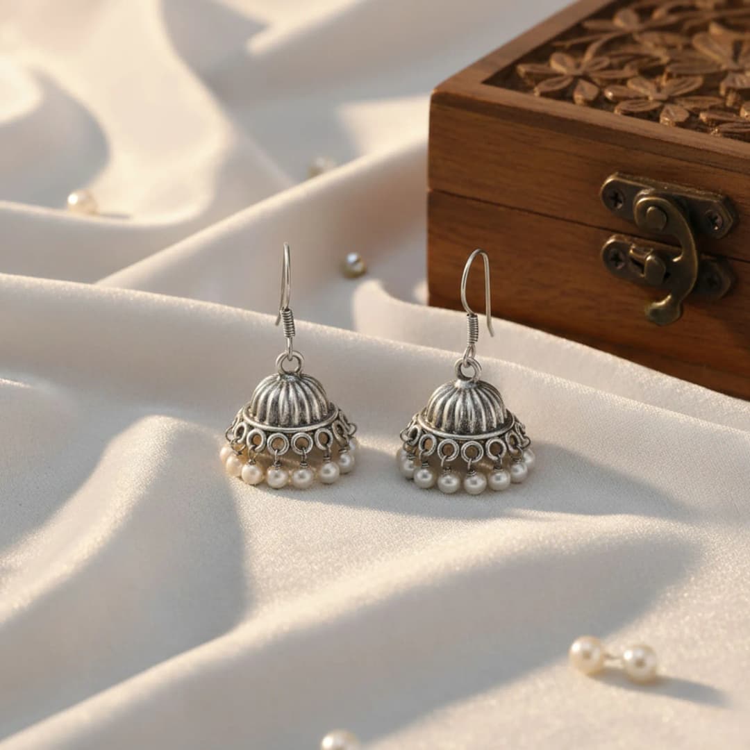 Chand Moti Oxidised Silver Jhumka
