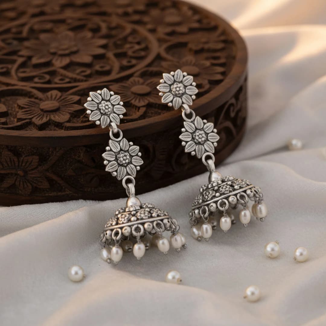 Nimaya Oxidised Silver Jhumka
