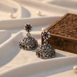Antique Floral Oxidised Silver Jhumka