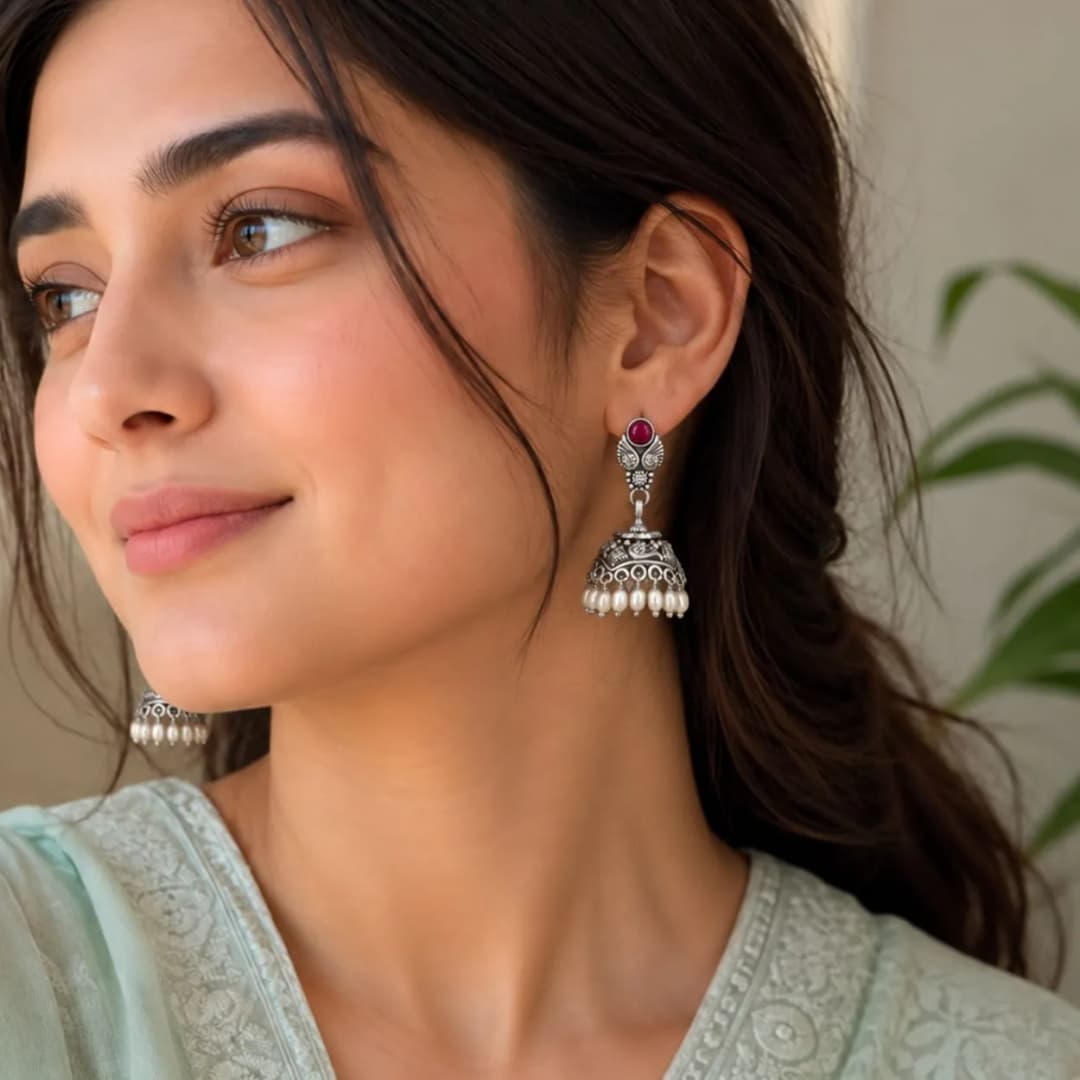 Leaf Top Oxidised Silver Jhumka