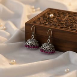 Red Bead Oxidised Silver Jhumka