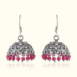 Red Bead Oxidised Silver Jhumka