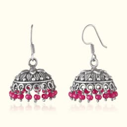 Red Bead Oxidised Silver Jhumka