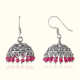 Red Bead Oxidised Silver Jhumka