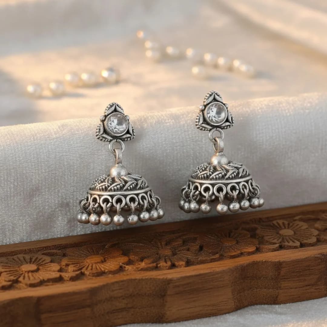 Temple Design Oxidised Silver Jhumka