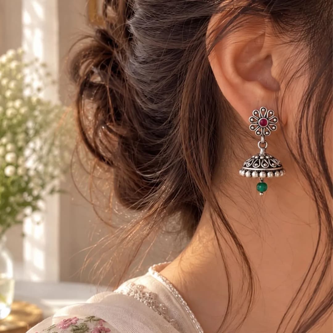 Vrindavan Oxidised Silver Jhumka