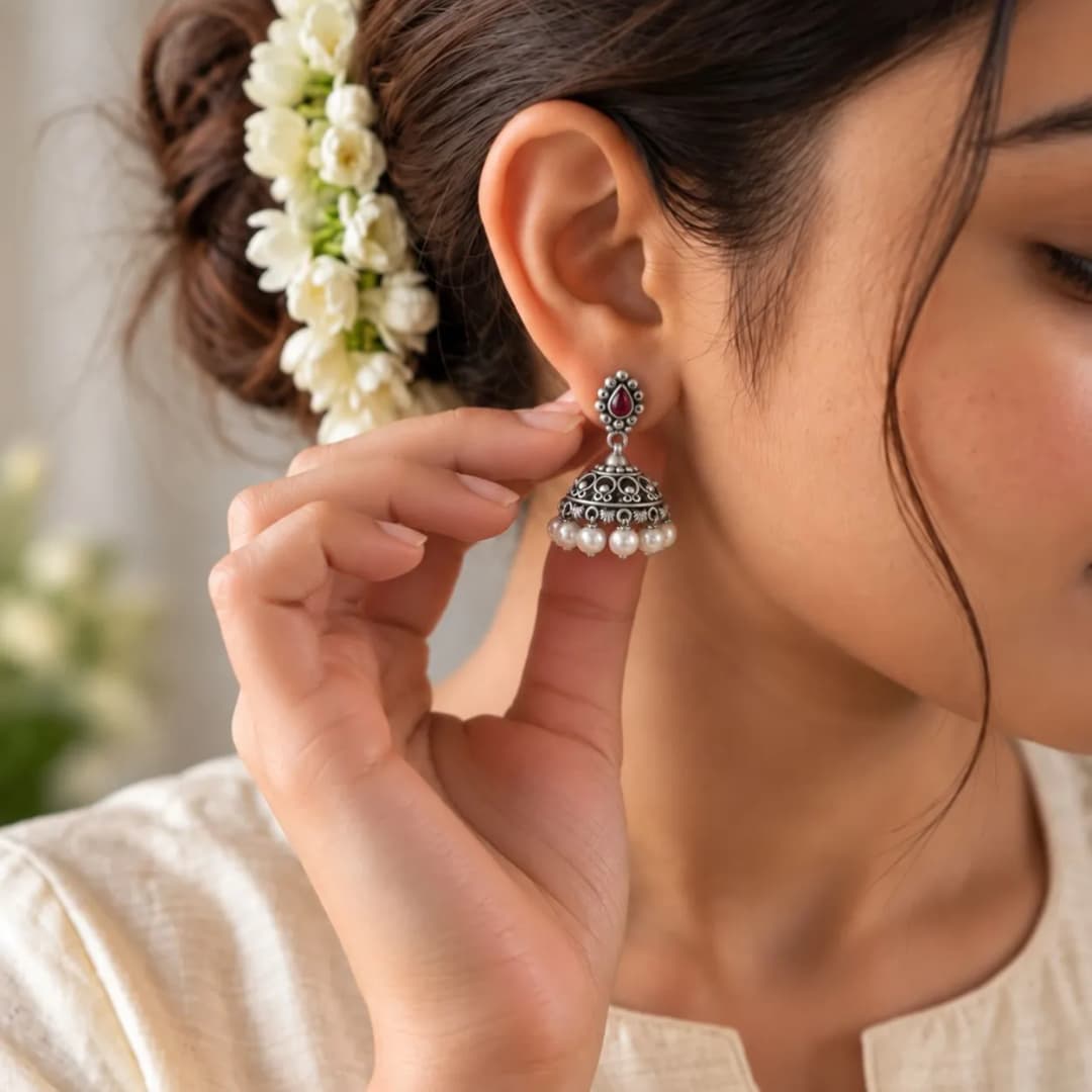 Roselle Oxidised Silver Jhumka