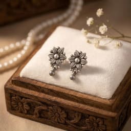 Oxidised Silver Flower Drop Earrings