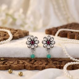 Teal Green Bead Drop Silver Earrings