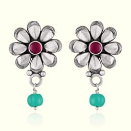 Teal Green Bead Drop Silver Earrings