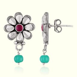 Teal Green Bead Drop Silver Earrings