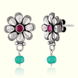 Teal Green Bead Drop Silver Earrings
