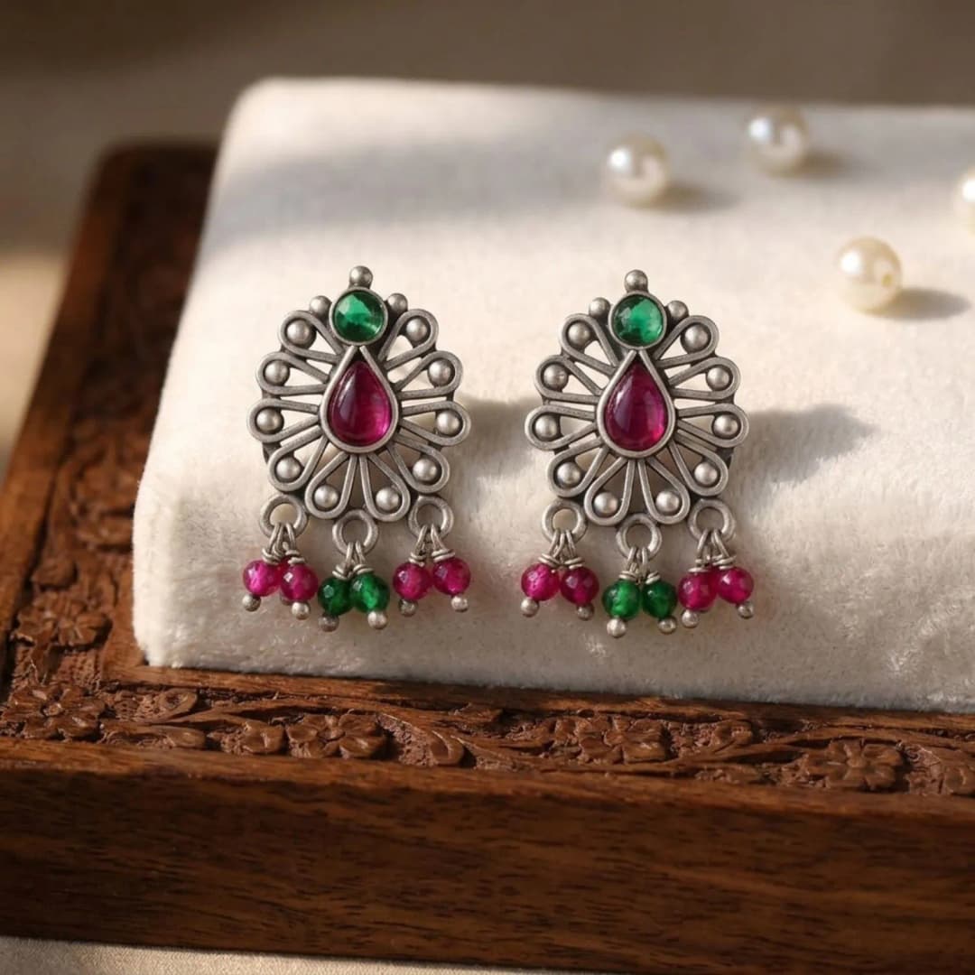 Red Stone Floral Silver Earrings