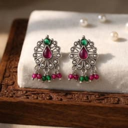 Red Stone Floral Silver Earrings
