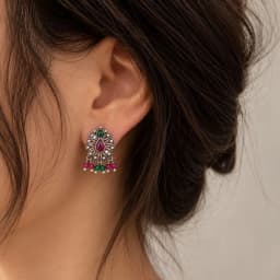 Red Stone Floral Silver Earrings
