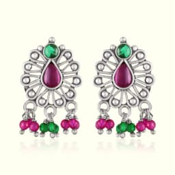 Red Stone Floral Silver Earrings