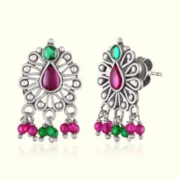 Red Stone Floral Silver Earrings