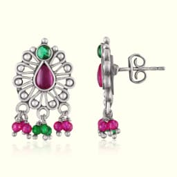Red Stone Floral Silver Earrings