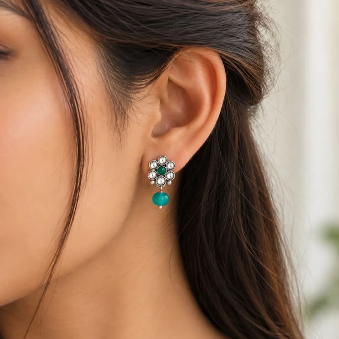 Green Stone Oxidised Silver Earrings